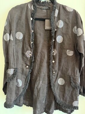 Women's Black Linen Polka Dot Fringe Blazer